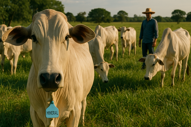 Gado Nelore pastando em pastagem verde sob luz solar da tarde com trabalhador rural de chapéu de palha observando ao fundo e vaca em primeiro plano usando brinco de suplemento mineral.