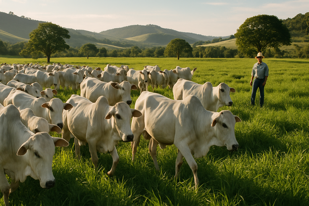 Pecuarista de chapéu de palha acompanhando gado saudável em pasto verdejante com morros ao fundo na luz da tarde.