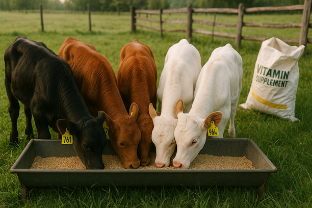Bezerros jovens com etiquetas nas orelhas se alimentam de ração com suplemento vitamínico em cocho metálico sobre pastagem verde, cercados por cercas de madeira e com saco de suplemento ao fundo.