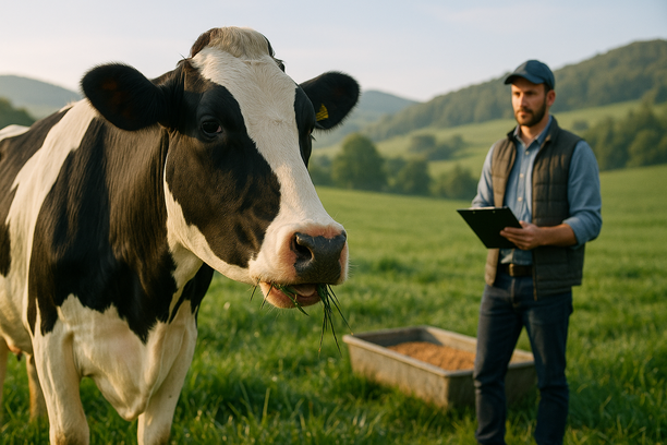 Vaca leiteira saudável mastigando em um pasto verde com colinas suaves ao fundo, sob luz suave da manhã, com um cocho de ração e um leiteiro observando com prancheta