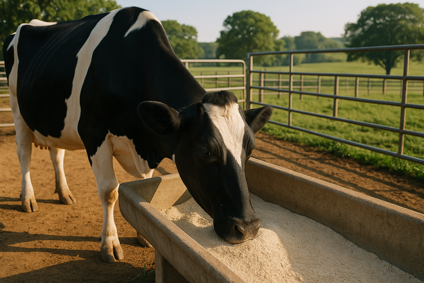 Vaca leiteira saudável se alimenta em cocho com suplemento nutricional em pó, em curral limpo de fazenda moderna com vegetação ao fundo