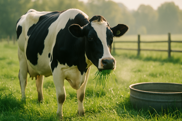 Vaca leiteira saudável mastigando pasto verde em campo ensolarado com cerca de madeira ao fundo e vapor saindo de seu focinho.