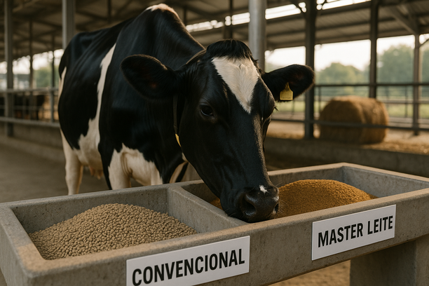 Vaca leiteira saudável comendo em cocho dividido entre suplemento convencional granulado e mistura uniforme tipo Master Leite, em estábulo limpo e iluminado por luz suave da manhã