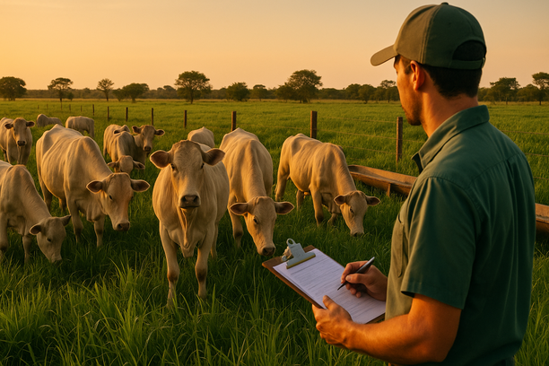 Técnico rural com prancheta avalia gado de corte pastando em pastagem verde ao entardecer, com cochos ao fundo e céu alaranjado