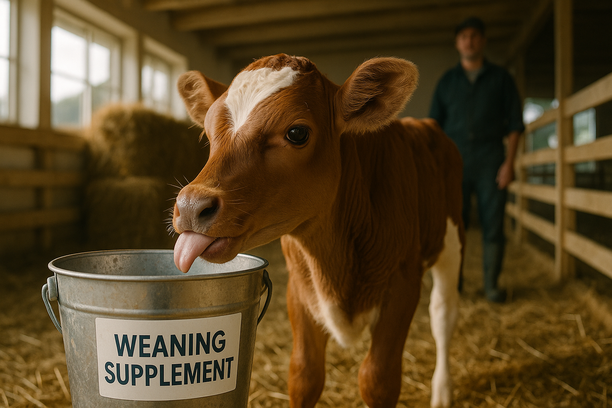 Bezerro jovem lambendo um balde de suplemento alimentar para desmame precoce em uma estrebaria limpa com palha no chão e cuidador observando ao fundo