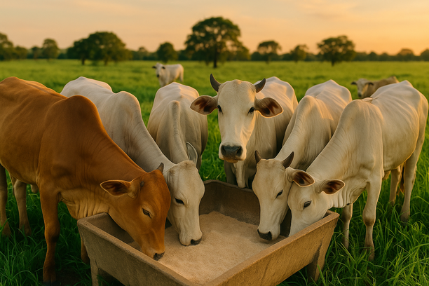 Bovinos saudáveis se alimentam de suplemento mineral em cocho coletivo em pasto verde durante o pôr do sol, com pó mineral visível e texturas realistas no couro dos animais