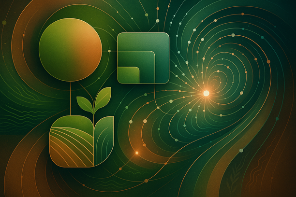 Composição abstrata com formas geométricas e fluxos orgânicos representando redes interconectadas entre elementos naturais e tecnológicos, em paleta de verdes, terrosos e metálicos.