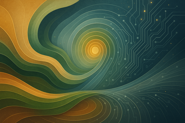 Composição abstrata com formas fluidas, circuitos luminosos e partículas douradas representando a integração entre natureza e tecnologia no agronegócio.