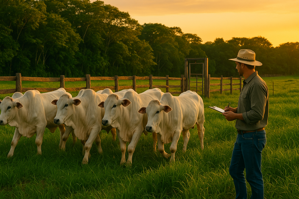 Trabalhador rural com chapéu de palha e prancheta acompanha grupo de bois saudáveis caminhando em pasto verde cercado por cerca de madeira ao entardecer