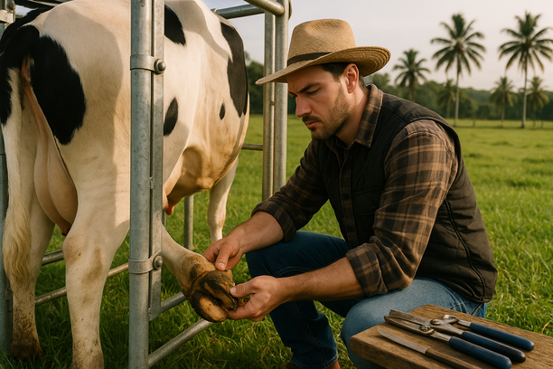 Tratador rural inspeciona o casco de uma vaca leiteira em fazenda tropical sob luz suave da manhã, com equipamentos veterinários e vegetação ao fundo