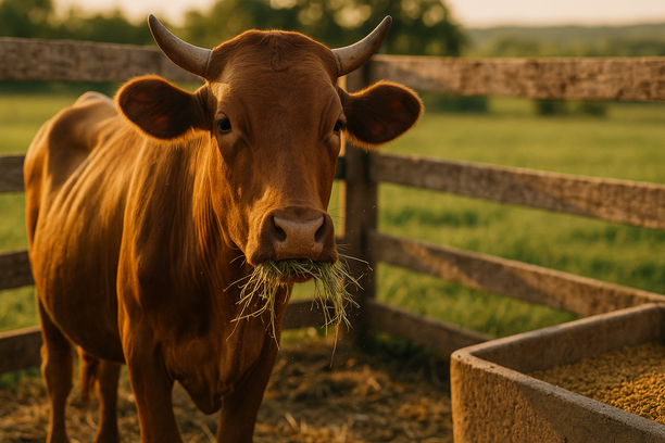 Bovino saudável mastigando feno em curral limpo ao entardecer com cocho e pastagem ao fundo
