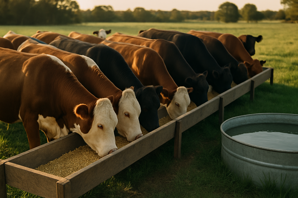 Rebanho de bovinos saudáveis alimentando-se em cocho coletivo em campo aberto ao entardecer, com pasto verde ao fundo e luz dourada destacando seus pelos brilhantes.