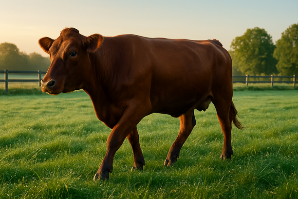 Bovino saudável com pelagem brilhante caminhando em pasto verde ao amanhecer, com orvalho na grama e cercas de madeira ao fundo