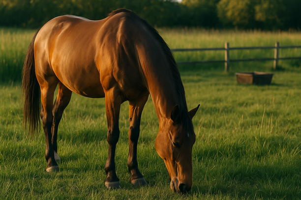Cavalo de porte médio pastando em campo verde, com cascos vistosos e pelagem brilhante sob luz dourada do fim da tarde, próximo a cerca de madeira e cocho