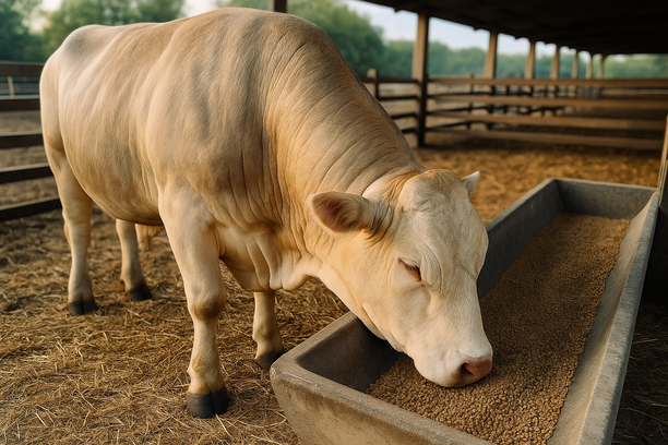 Bovino robusto alimentando-se de ração granulada em cocho metálico limpo, com palha seca no chão e divisórias de madeira ao fundo