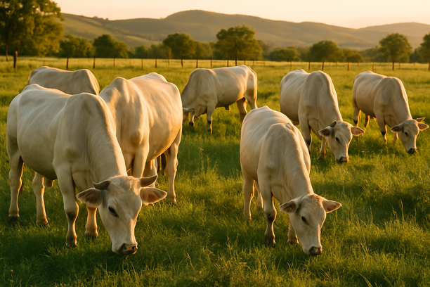 Bois saudáveis pastando em campo verde ao entardecer, com cascos visíveis e cercas de madeira ao fundo