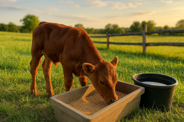 Bezerro saudável comendo suplemento granulado em cocho limpo ao lado de balde de água, em pastagem verde sob luz suave do fim de tarde