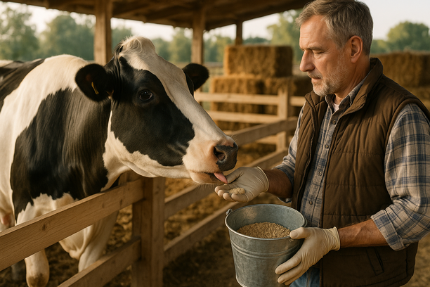 Tratador rural com luvas alimenta vaca leiteira saudável com suplemento nutricional em curral limpo e iluminado pela manhã