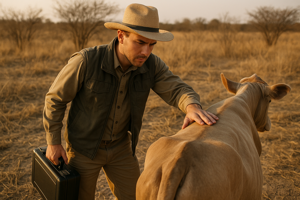Técnico agropecuário examinando o dorso de um bovino em pastagem seca ao entardecer, com kit de exame em mãos e vegetação ressecada ao fundo
