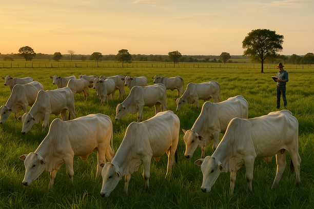 Grupo de bovinos sadios pastando em campo verde sob luz dourada do entardecer, com vaqueiro ao fundo monitorando o rebanho