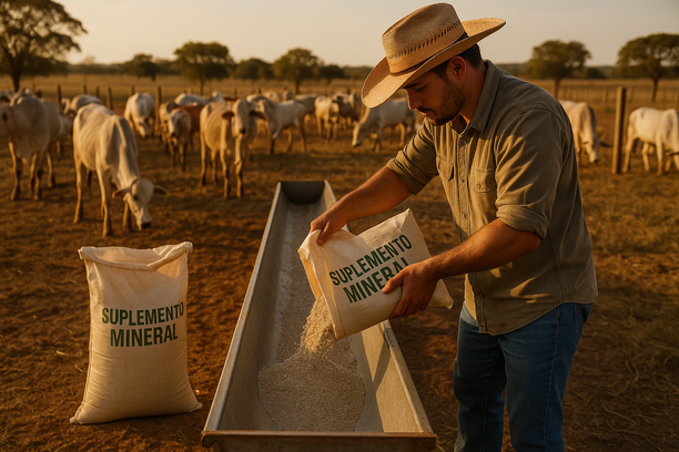 Tratador rural despeja suplemento mineral em cochos metálicos enquanto gado saudável pasta ao fundo em pastagem cercada, sob luz suave do fim de tarde.