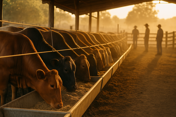 Manada de bovinos confinados alimentando-se em cochos metálicos dentro de curral coberto, com luz dourada do fim da tarde e trabalhadores rurais ao fundo