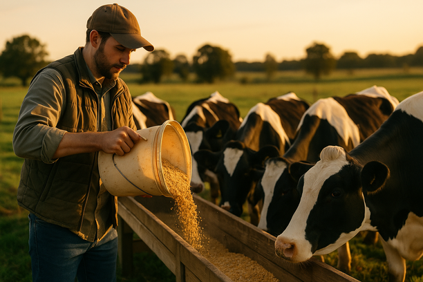 Tratador rural despejando ração com probióticos em cocho de madeira cercado por vacas leiteiras sob luz do fim de tarde