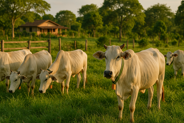 Bovinos saudáveis com colares de identificação pastam em campo verde ao entardecer, cercados por vegetação nativa e estruturas rústicas de uma fazenda orgânica