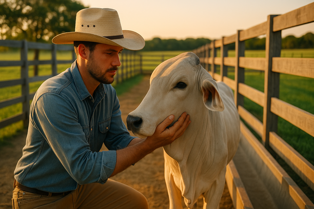 Vaqueiro segurando suavemente o rosto de um boi em curral limpo com pasto ao fundo ao entardecer