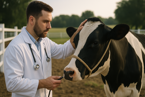 Veterinário com avental branco examinando vaca leiteira próxima a um curral limpo em fazenda ao amanhecer