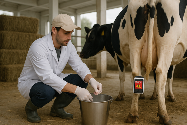 Trabalhador rural com jaleco e luvas ordenha manualmente uma vaca leiteira ao lado de outra vaca monitorada com sensor de mastite, em estábulo limpo com fardos de feno organizados.