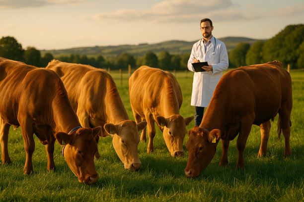Gado de corte pastando em campo verde sob a supervisão de um veterinário ao fundo, com colares de identificação e vegetação vibrante sob luz do fim de tarde