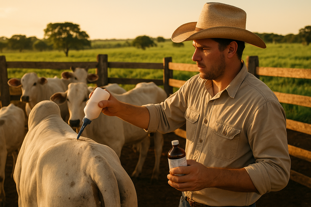 Pecuarista aplicando antiparasitário em gado de corte durante manejo em curral aberto com pastagem ao fundo ao entardecer