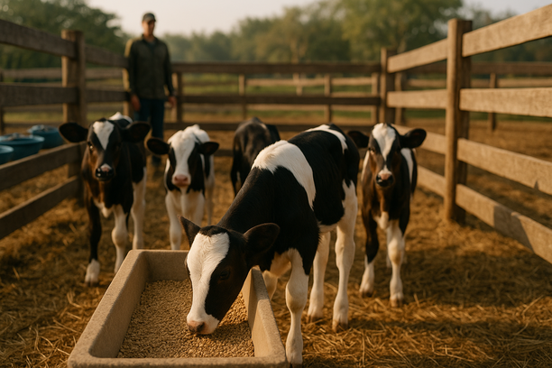 Bezerro saudável comendo ração em cocho limpo, cercado por outros bezerros recém-desmamados em curral organizado com cuidador ao fundo