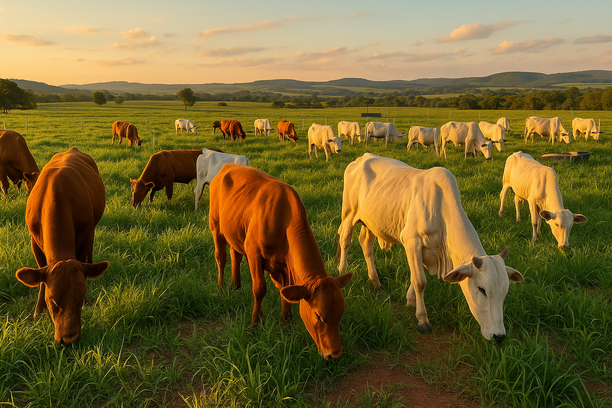 Bois de corte das raças europeia e nelore pastando em campo verde com cochos e cercas elétricas ao fundo, sob luz dourada do fim de tarde