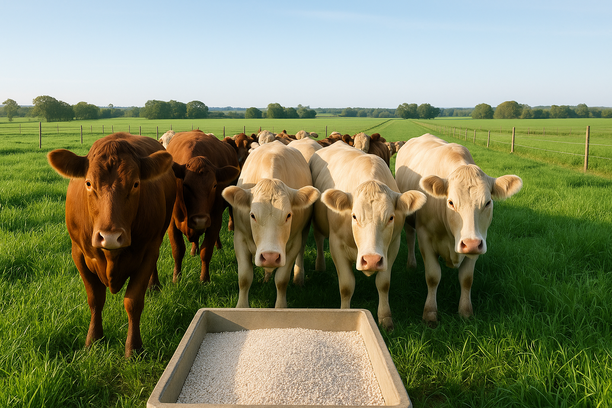Bois de corte europeus em bom estado corporal se aproximam de cocho com suplemento mineral em pastagem rotacionada ao amanhecer