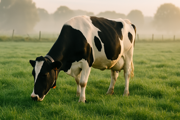 Vaca leiteira saudável pastando em campo verde sob luz suave da manhã, com colar de identificação e névoa leve ao fundo