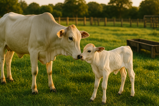 Novilha saudável encostando o focinho em um bezerro em pastagem limpa durante o pôr do sol, com curral e cocho visíveis ao fundo
