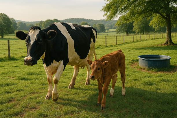 Vaca leiteira saudável caminha com seu bezerro em pastagem verde cercada por árvores e colinas ao fundo