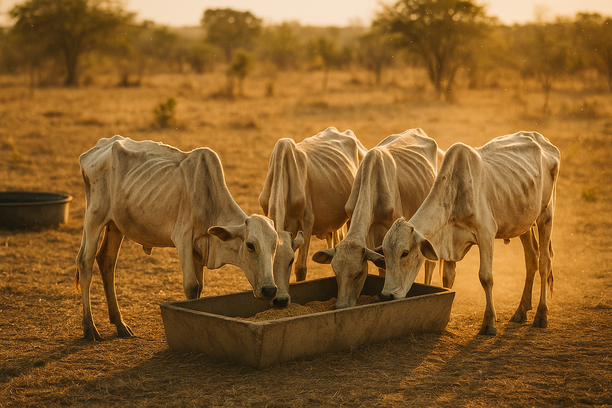 Grupo de bovinos magros se alimentando em cocho com ração suplementar em pastagem seca ao entardecer