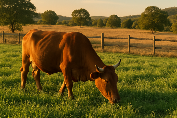 Bovino saudável pastando em pastagem verde com cercado rústico, área de rotação ao fundo e colinas suaves sob luz dourada do entardecer