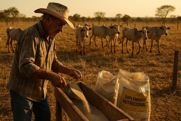 Pecuarista distribui suplemento nutricional para gado em pasto seco ao entardecer, próximo a cocho de madeira e sacos abertos com rótulos visíveis