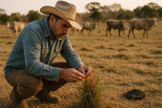Produtor rural ajoelhado examina touceira de capim danificada por parasitas em pastagem seca com gado abatido ao fundo