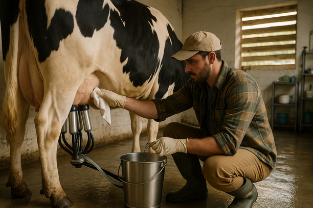 Trabalhador rural ordenha vaca leiteira com luvas e equipamentos higienizados em estrebaria limpa e iluminada pela luz da manhã.