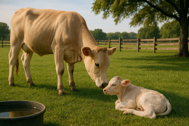 Novilha jovem encostando o focinho em bezerro recém-nascido em pasto verde com cerca de madeira ao fundo sob luz suave da manhã
