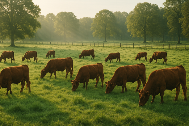 Um grupo de gado de corte pastando em um campo verdejante, cercado por cercas de madeira sob a luz suave da manhã.