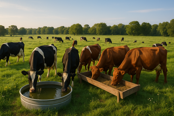 Um rebanho de gado bovino pastando em pastagem verde, algumas vacas perto de um bebedouro e outras se alimentando em um cocho sob a luz suave da manhã.