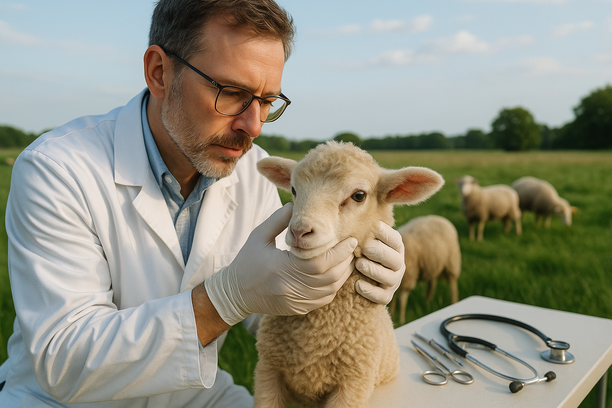 Veterinário examina um cordeiro em um pasto verdejante, cercado por outros animais, transmitindo cuidado sob a luz suave da manhã.