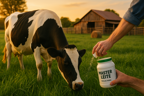 Vaca saudável pastando em campo verde, enquanto fazendeiro aplica Master Leite na alimentação, com fazenda rústica ao fundo ao entardecer.