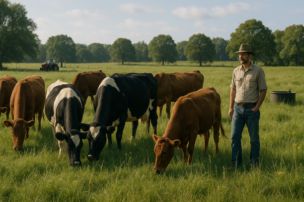 Um grupo de vacas pastando em um pasto verdejante com um fazendeiro observando ao fundo, sob a luz suave da manhã.
